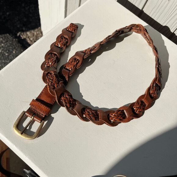 VTG Braided Leather Belt M/L Brown Brass Buckle Boho Western 90s Style - Picture 1 of 8
